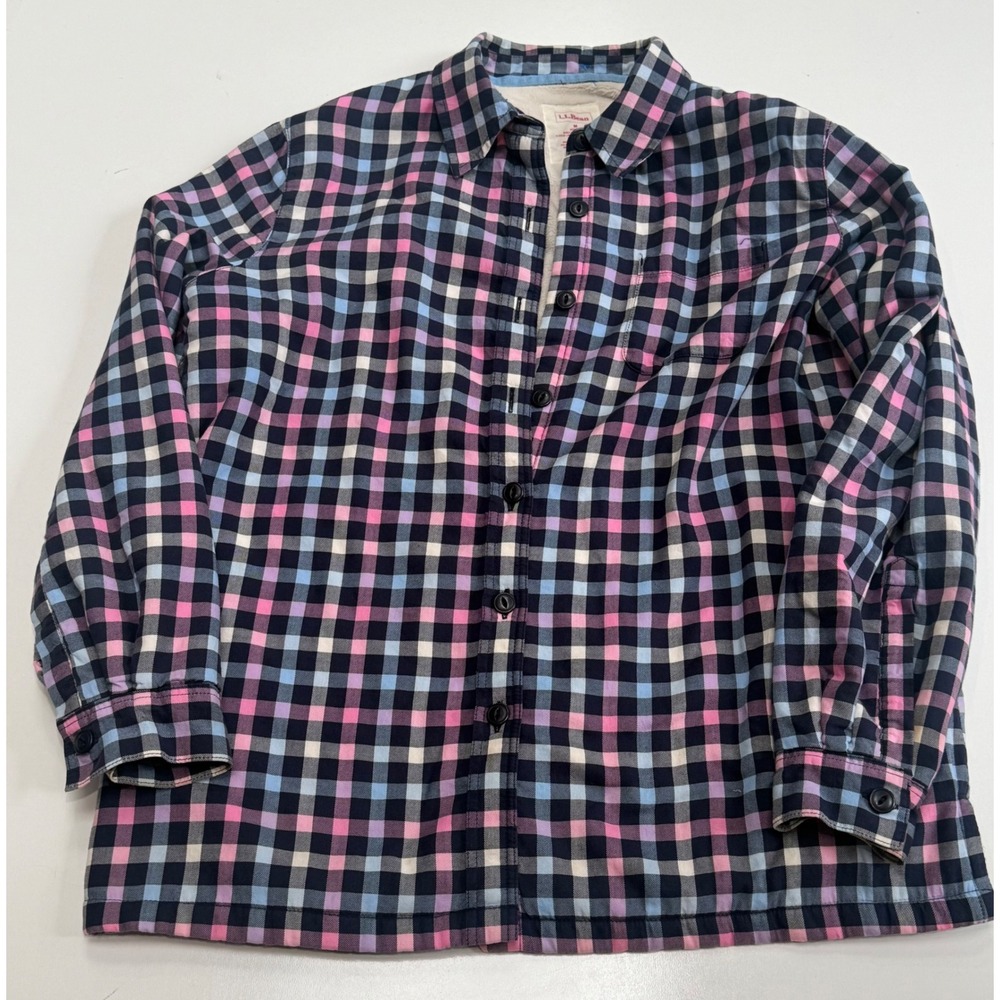 LL Bean Fleece Lined Flannel Shirt Jacket Pink Blue Plaid Womens Medium 0JXS2
